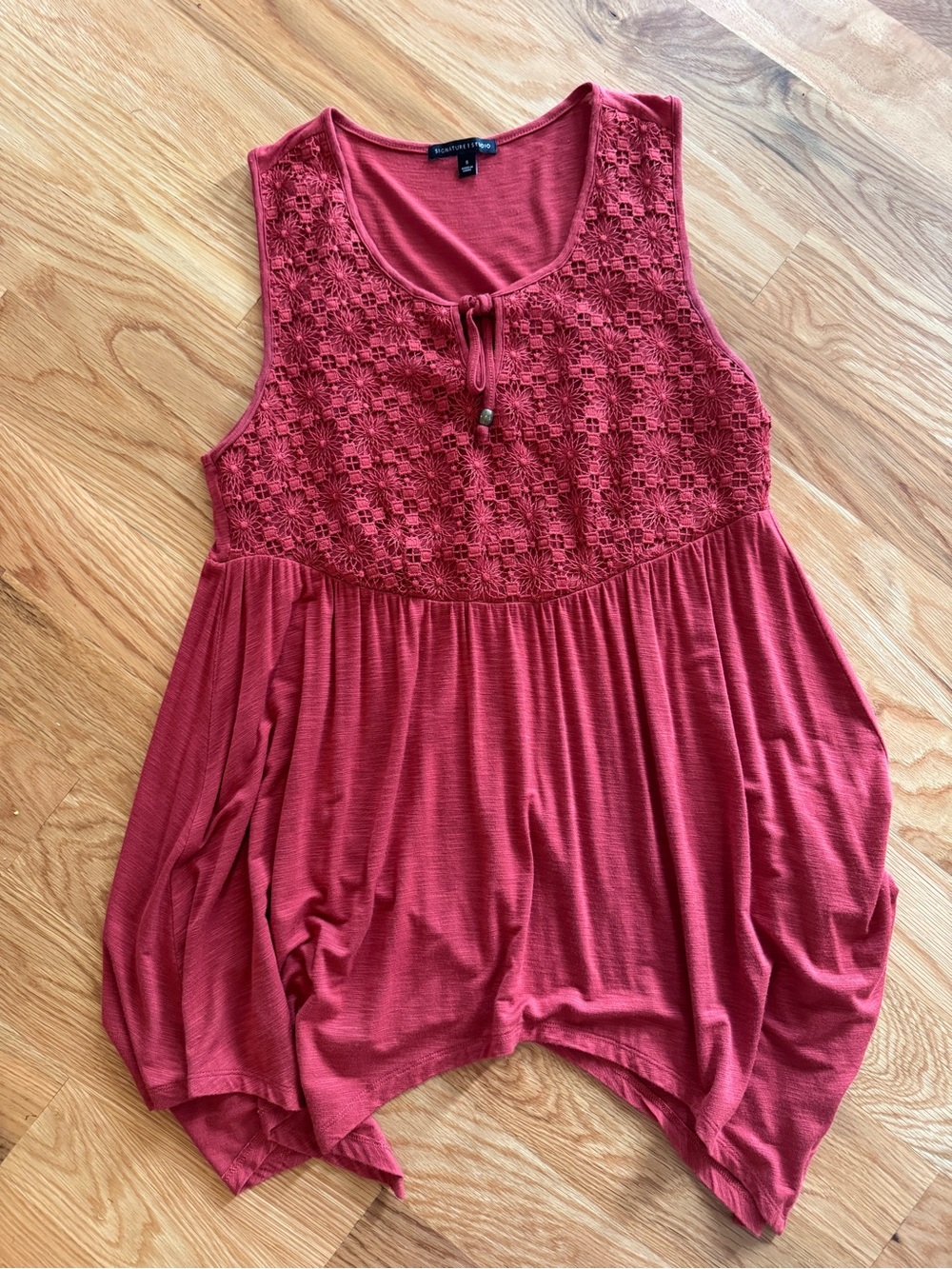 Signature Studio Rose-Red Crochet Yoke Tank Top; boho tunic